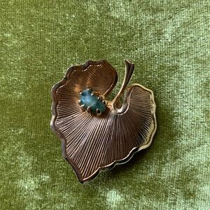 Gold Tone Leaf Brooch With Jade Stone (tested)